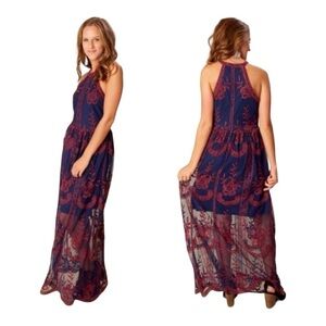 Altar’d State Blue/Red Embroidered Mesh Maxi Dress Size Small H1